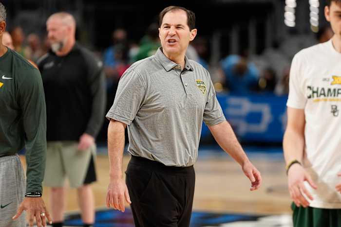 Mar 16, 2022; Fort Worth, TX, USA; Baylor Bears head coach Scott Drew looks on during practice before the first round of the 2022 NCAA Tournament at Dickies Arena.